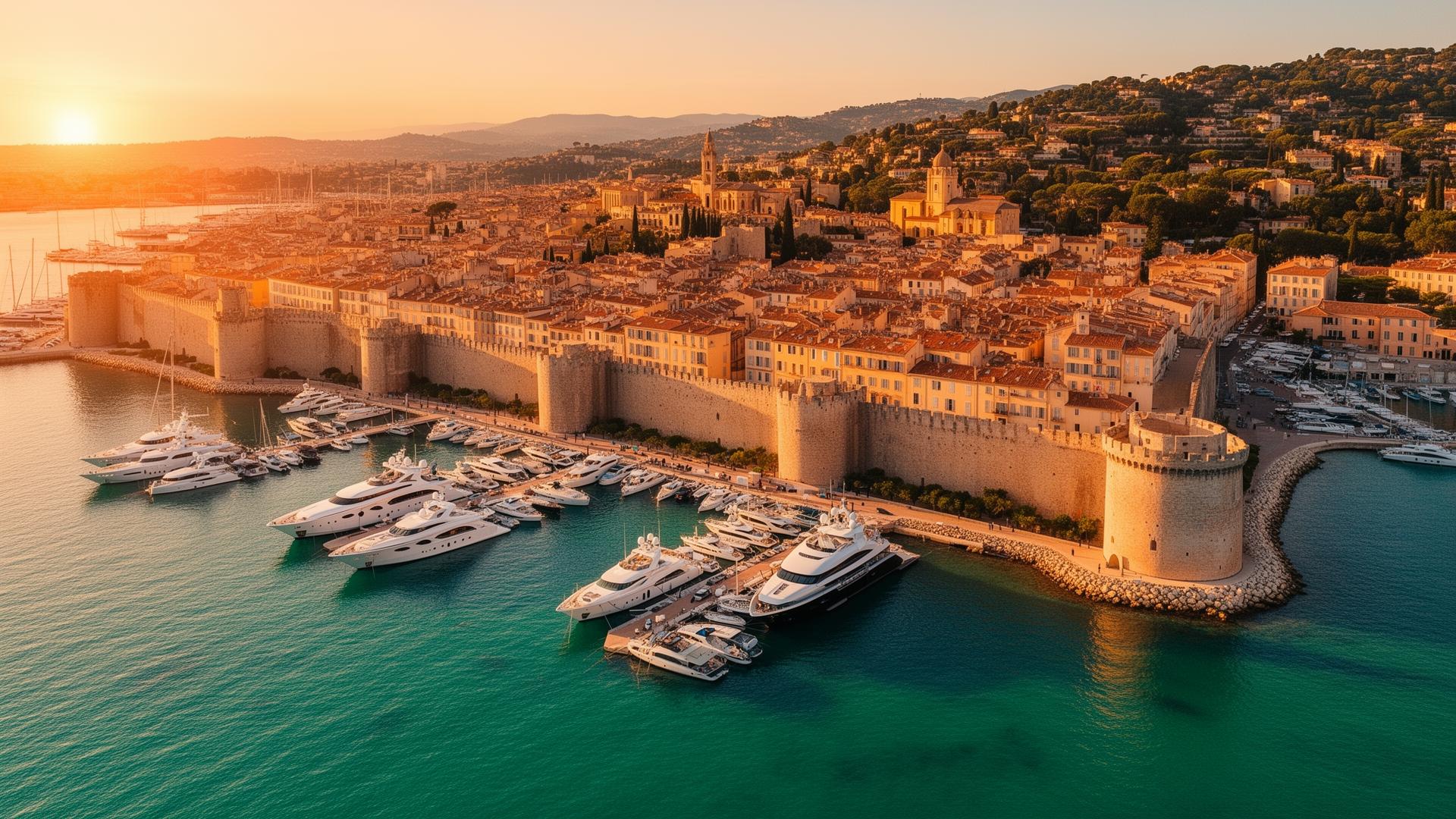 Vue aérienne du Vieil Antibes et du Port Vauban au coucher du soleil