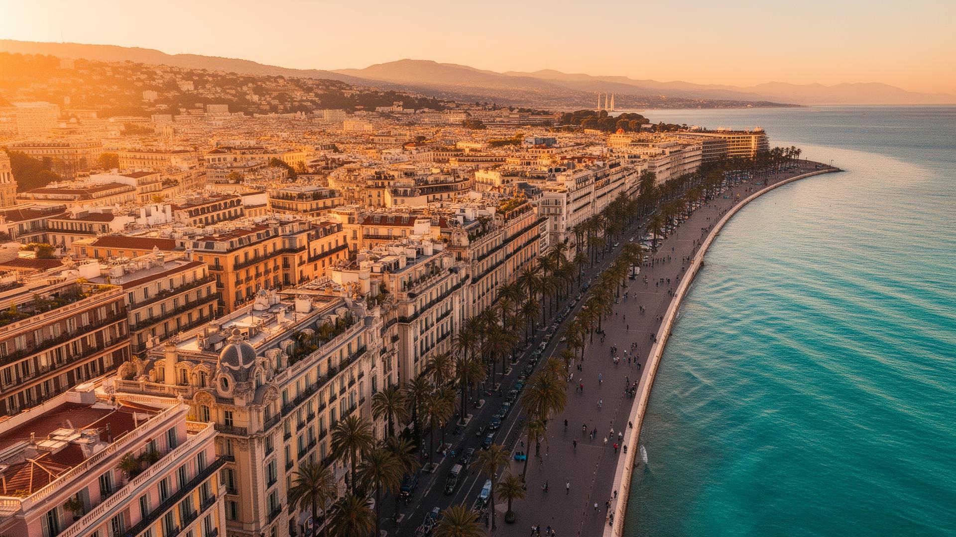 Vue aérienne de la Promenade des Anglais et de la Baie des Anges à Nice
